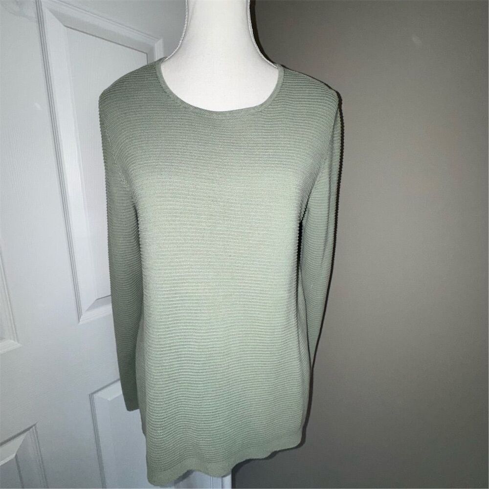 Eileen Fisher Women's Medium Sage Green Long Sleeve Crew Neck Textured Knit‎ Top